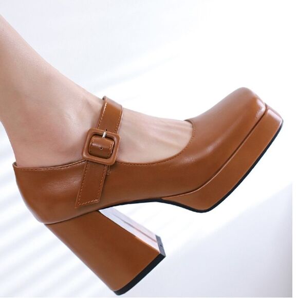 TAN NATURAL BABYDOLL MARYJANE BLOCK HEEL - Picture 1 of 5